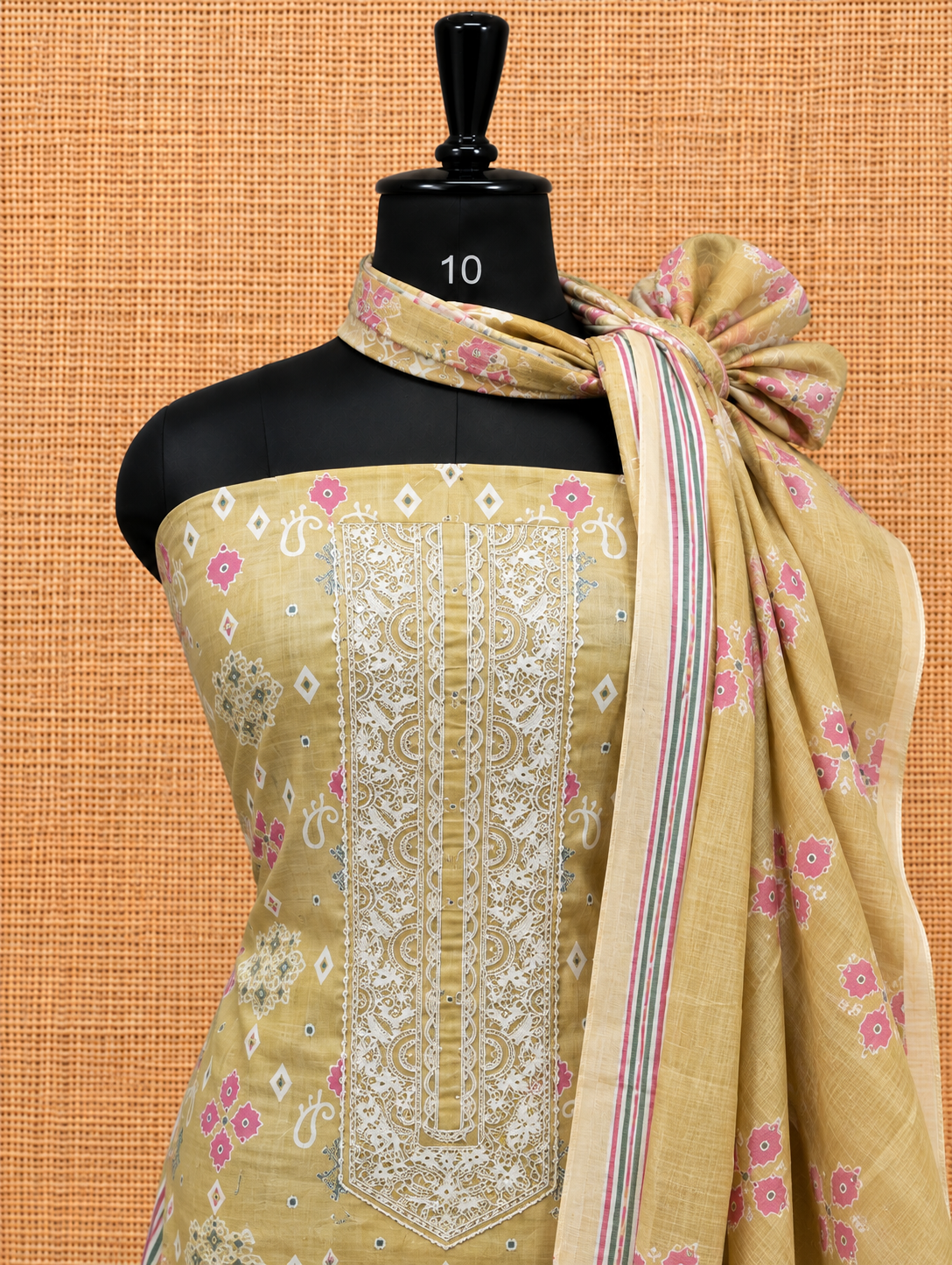 Premium Golden Khaki Printed with Embroidered Cotton Salwar Material - SM060