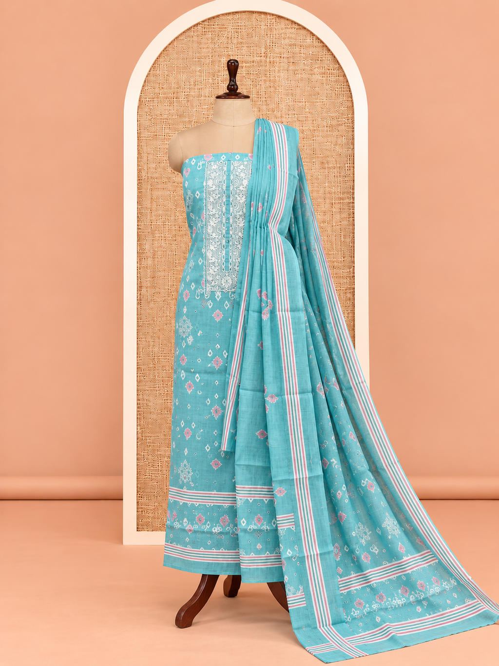 Premium Turquoise Blue Ikat Print with Embroidered Cotton Salwar Material - SM060
