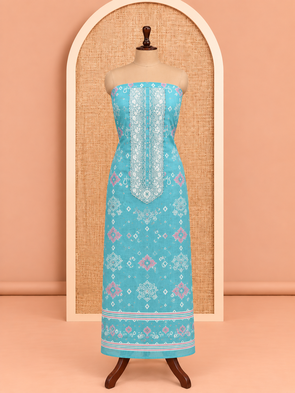 Premium Turquoise Blue Ikat Print with Embroidered Cotton Salwar Material - SM060