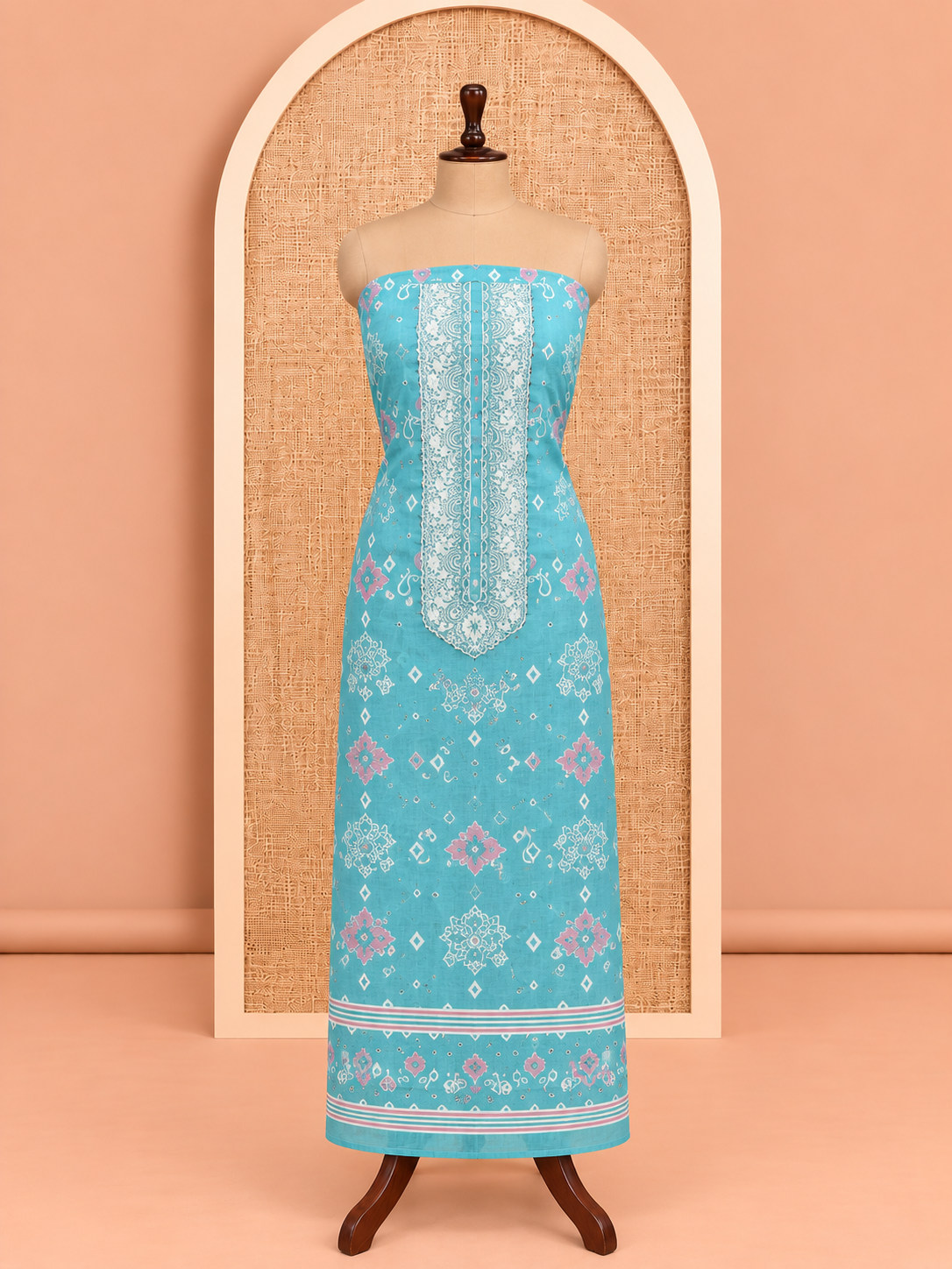 Premium Turquoise Blue Ikat Print with Embroidered Cotton Salwar Material - SM060