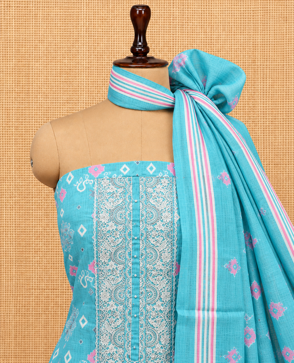 Premium Turquoise Blue Ikat Print with Embroidered Cotton Salwar Material - SM060