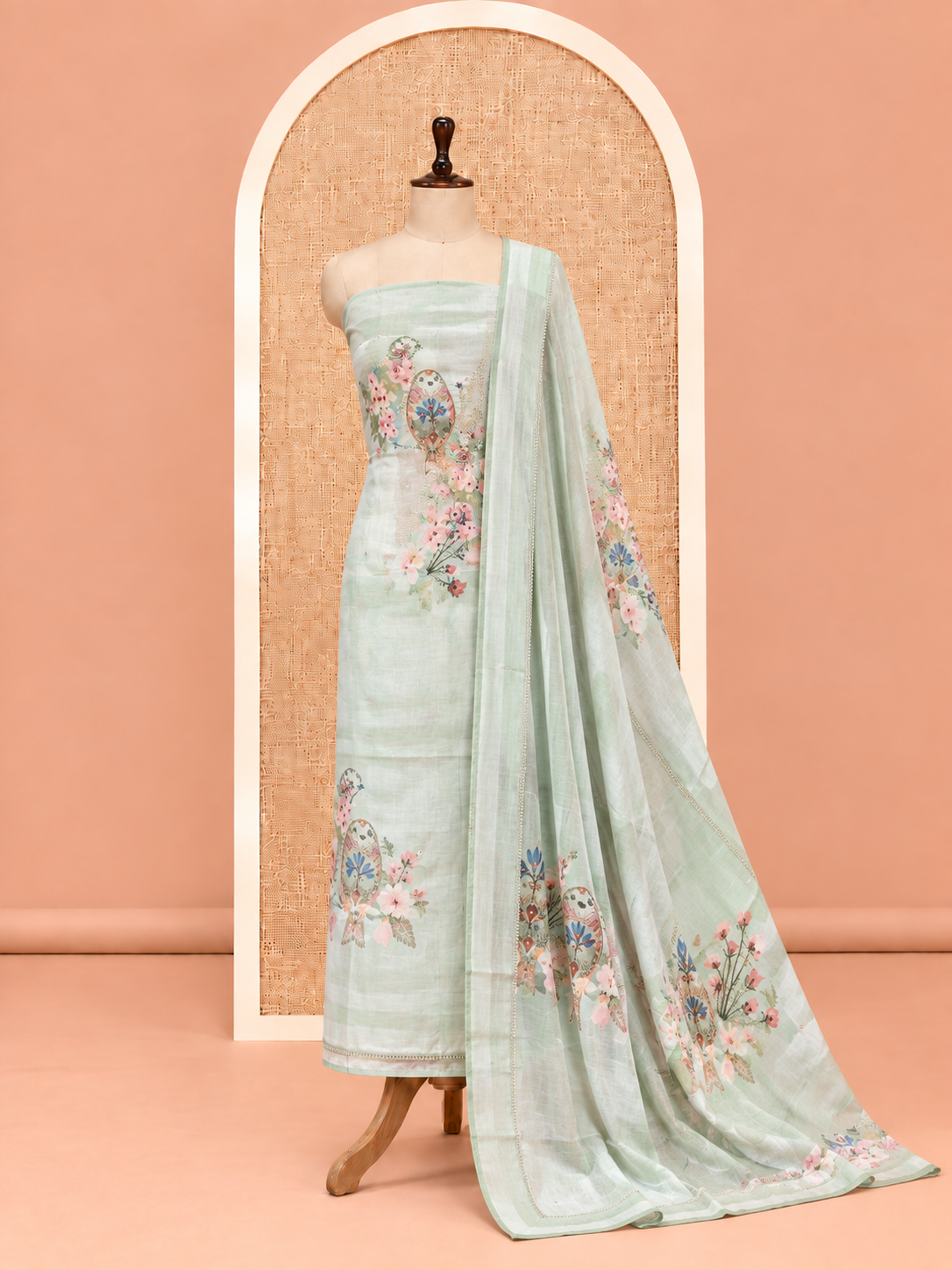 Elegant Mint Green Digital Floral Bouquet Print with Pearl Lace Salwar Material - SM060