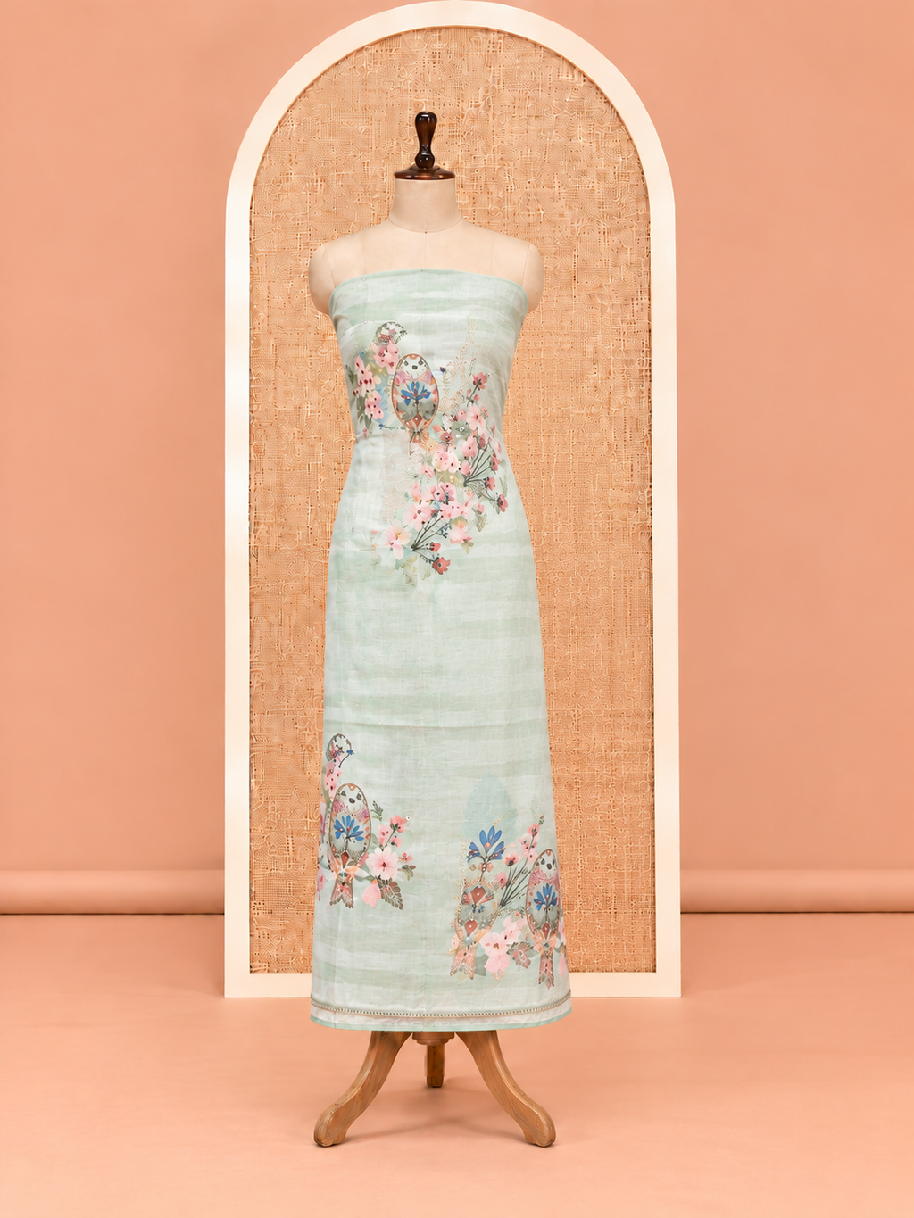 Elegant Mint Green Digital Floral Bouquet Print with Pearl Lace Salwar Material - SM060