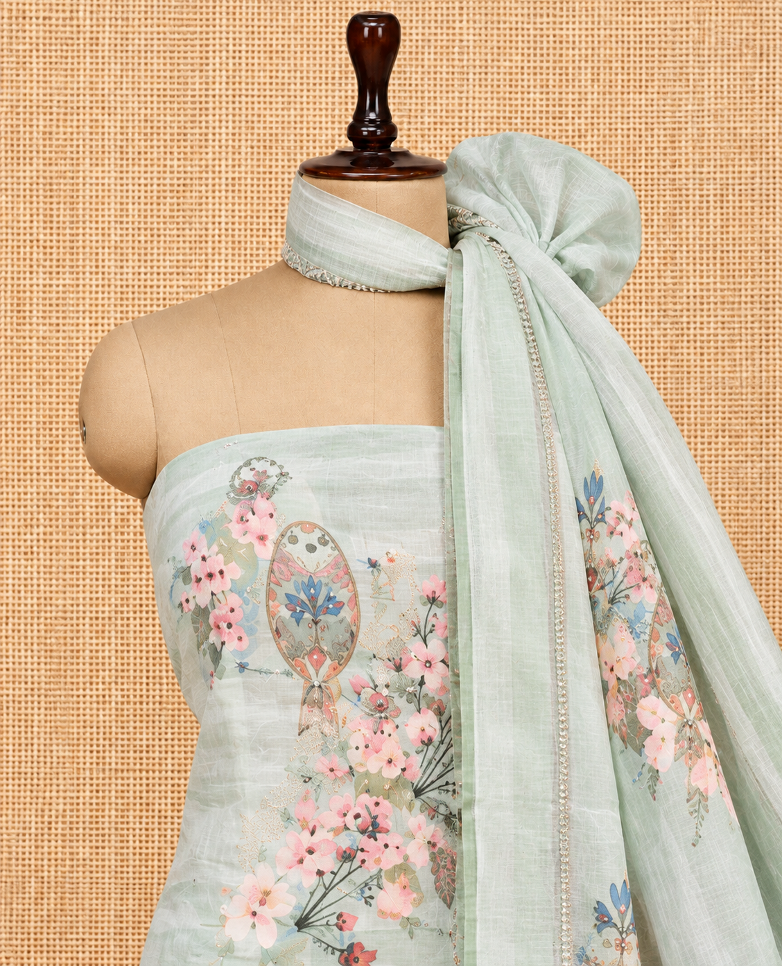 Elegant Mint Green Digital Floral Bouquet Print with Pearl Lace Salwar Material - SM060