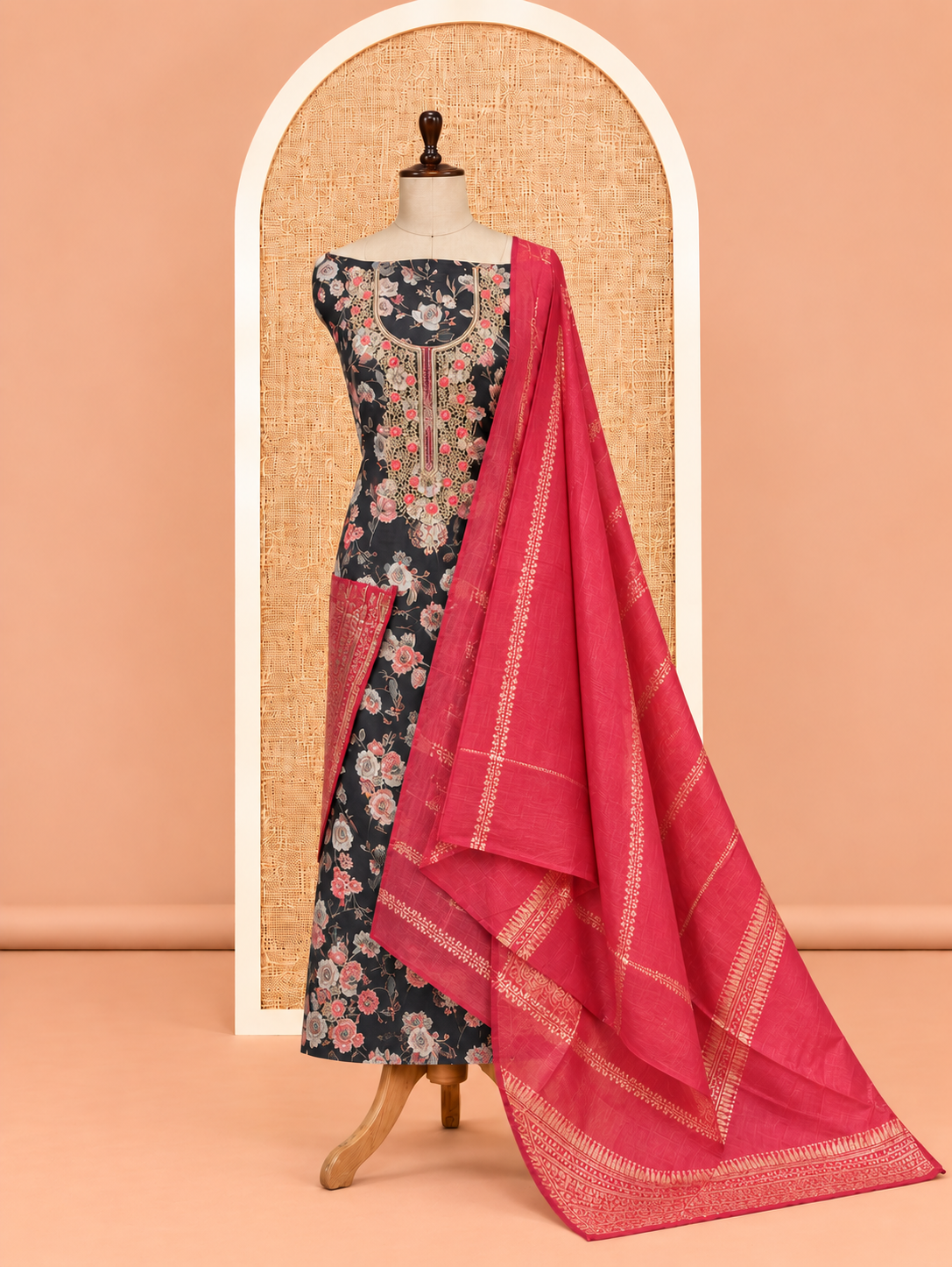 Elegant Black Digital Floral Print with Embroidered Yoke Salwar Material - SM060