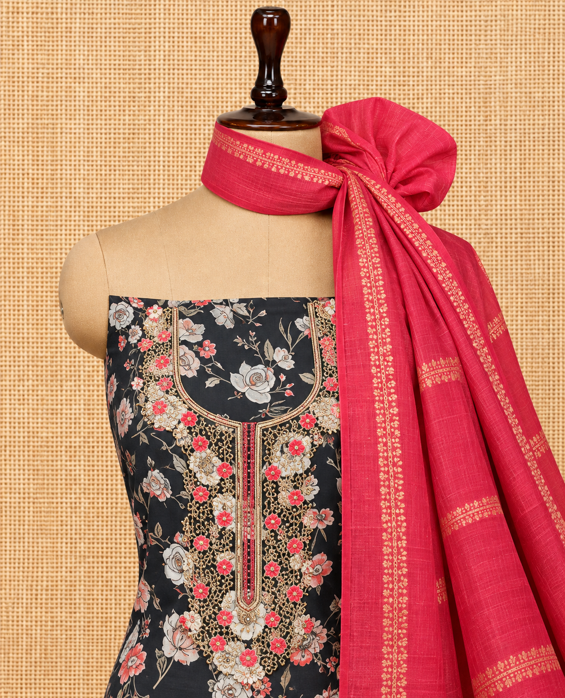 Elegant Black Digital Floral Print with Embroidered Yoke Salwar Material - SM060
