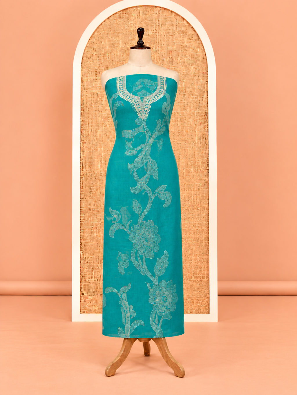 Elegant Teal Blue Dotted Floral Print Cotton Salwar Material - SM060