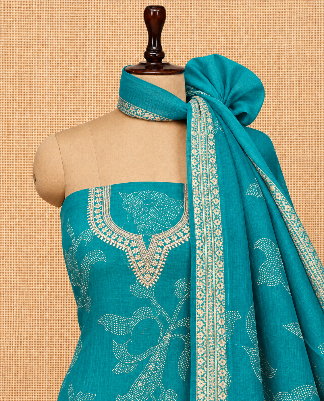 Elegant Teal Blue Dotted Floral Print Cotton Salwar Material - SM060