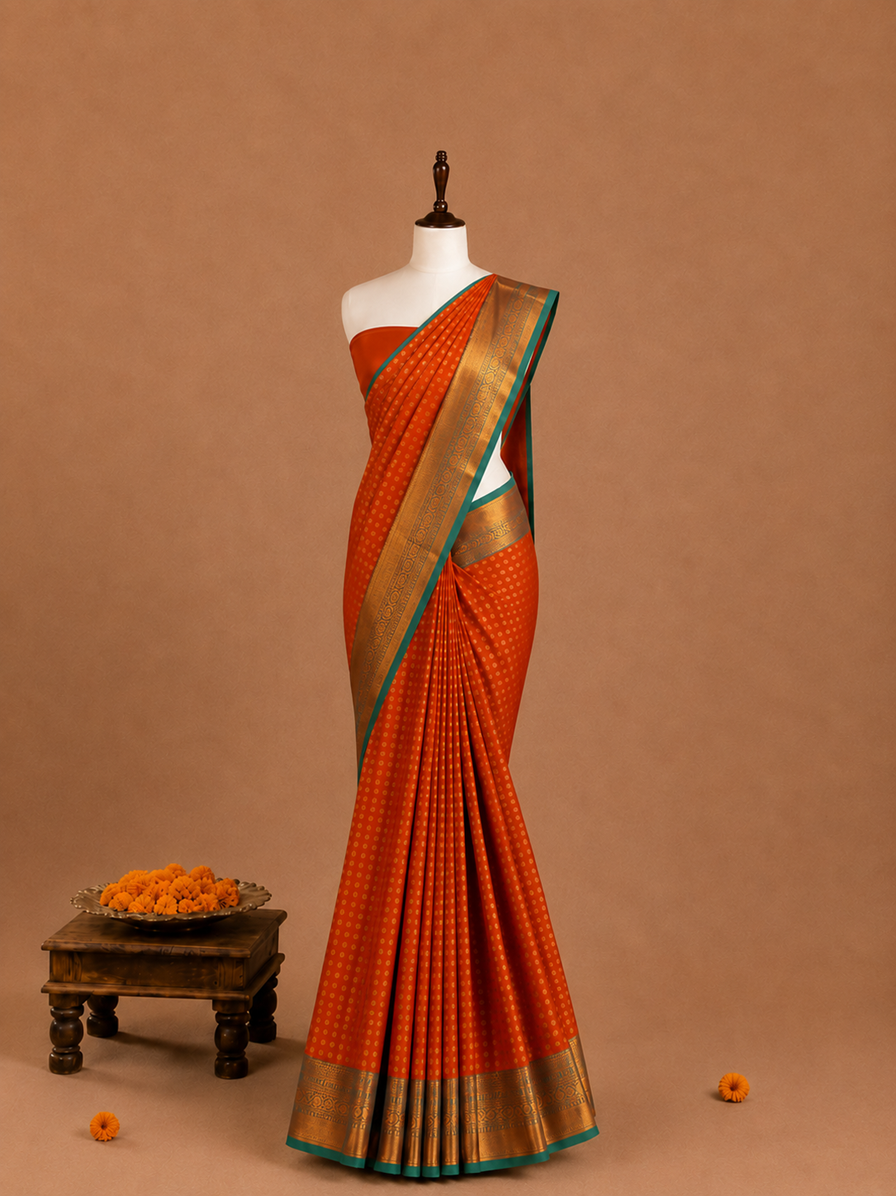 Luxury 1000 Butta Burnt Orange Soft Silk Saree