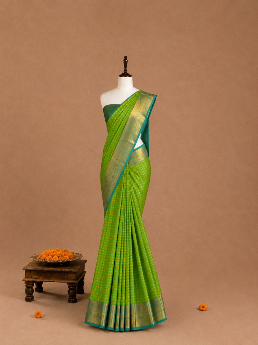 Luxury 1000 Butta Parrot Green Soft Silk Saree