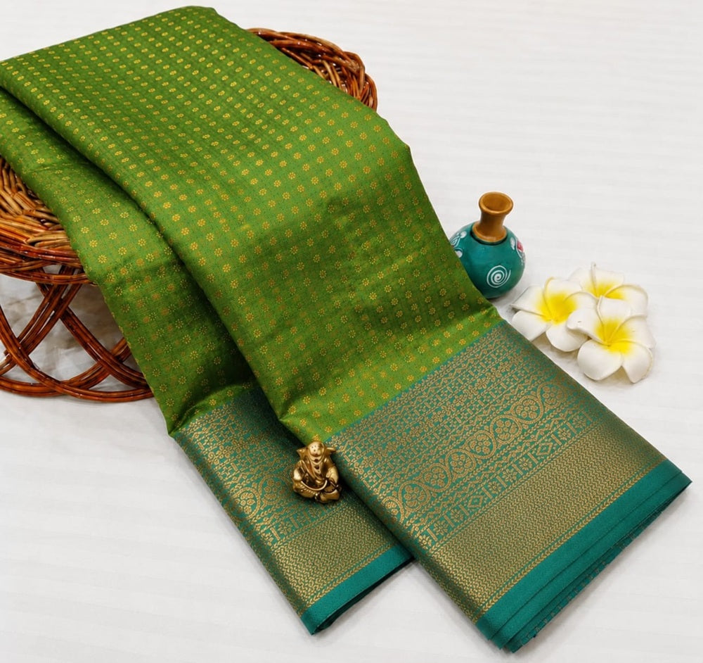 Luxury 1000 Butta Parrot Green Soft Silk Saree