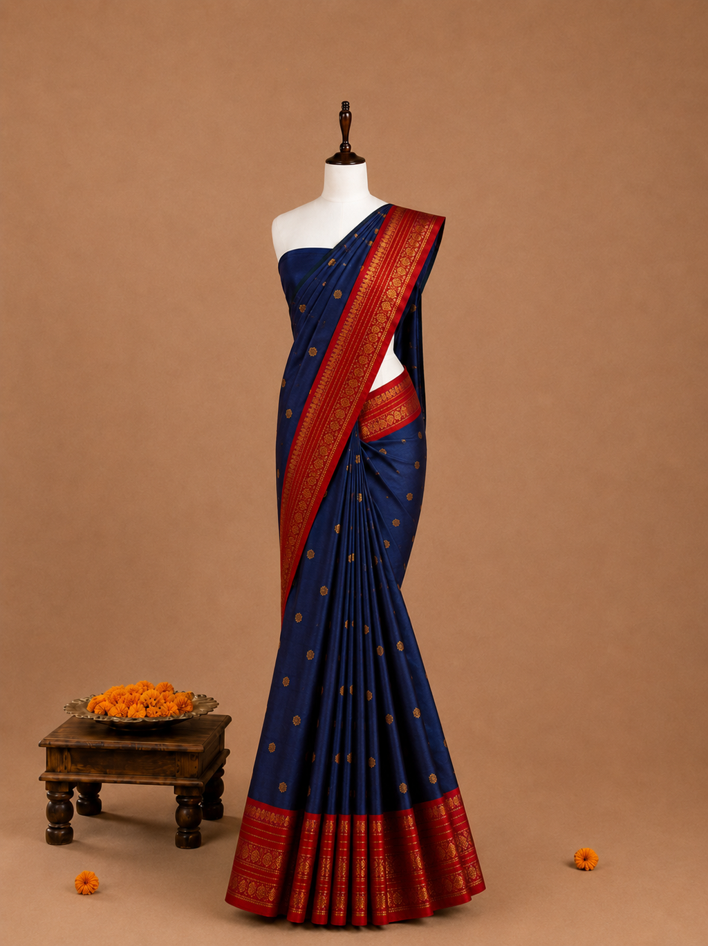 Premium Royal Blue Kanchi Soft Silk Saree with Red Border
