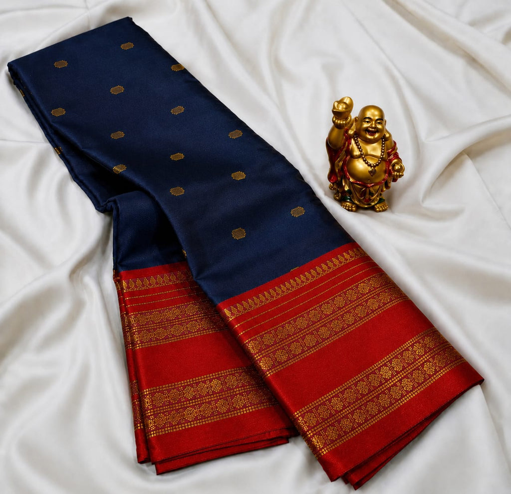 Premium Royal Blue Kanchi Soft Silk Saree with Red Border