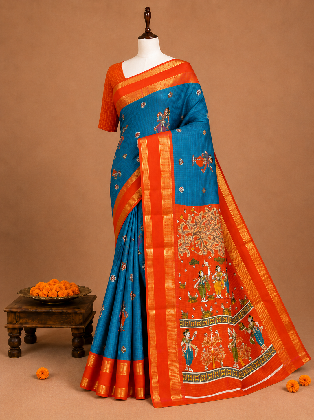 Premium Teal Blue Fancy Georgette Silkworm Saree with Mythology