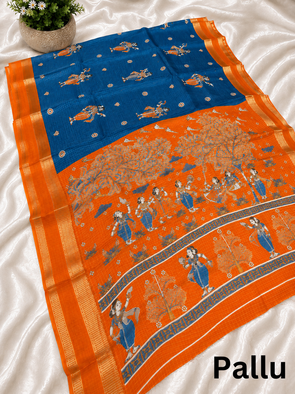 Premium Teal Blue Fancy Georgette Silkworm Saree with Mythology