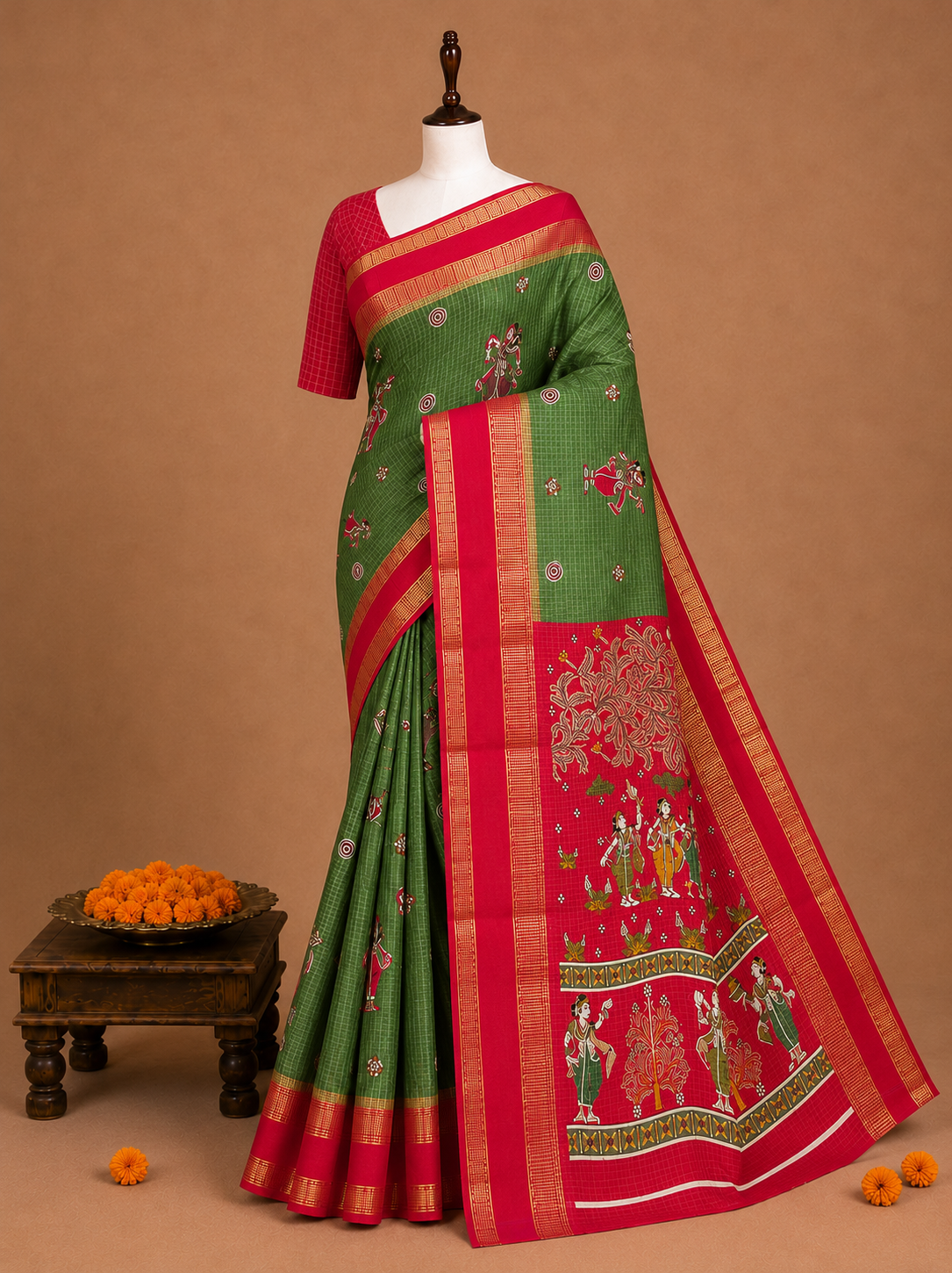Premium Teal Green Fancy Georgette Silkworm Saree with Mythology