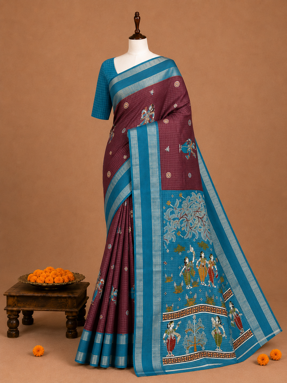 Premium Maroon Fancy Georgette Silkworm Saree with Mythology