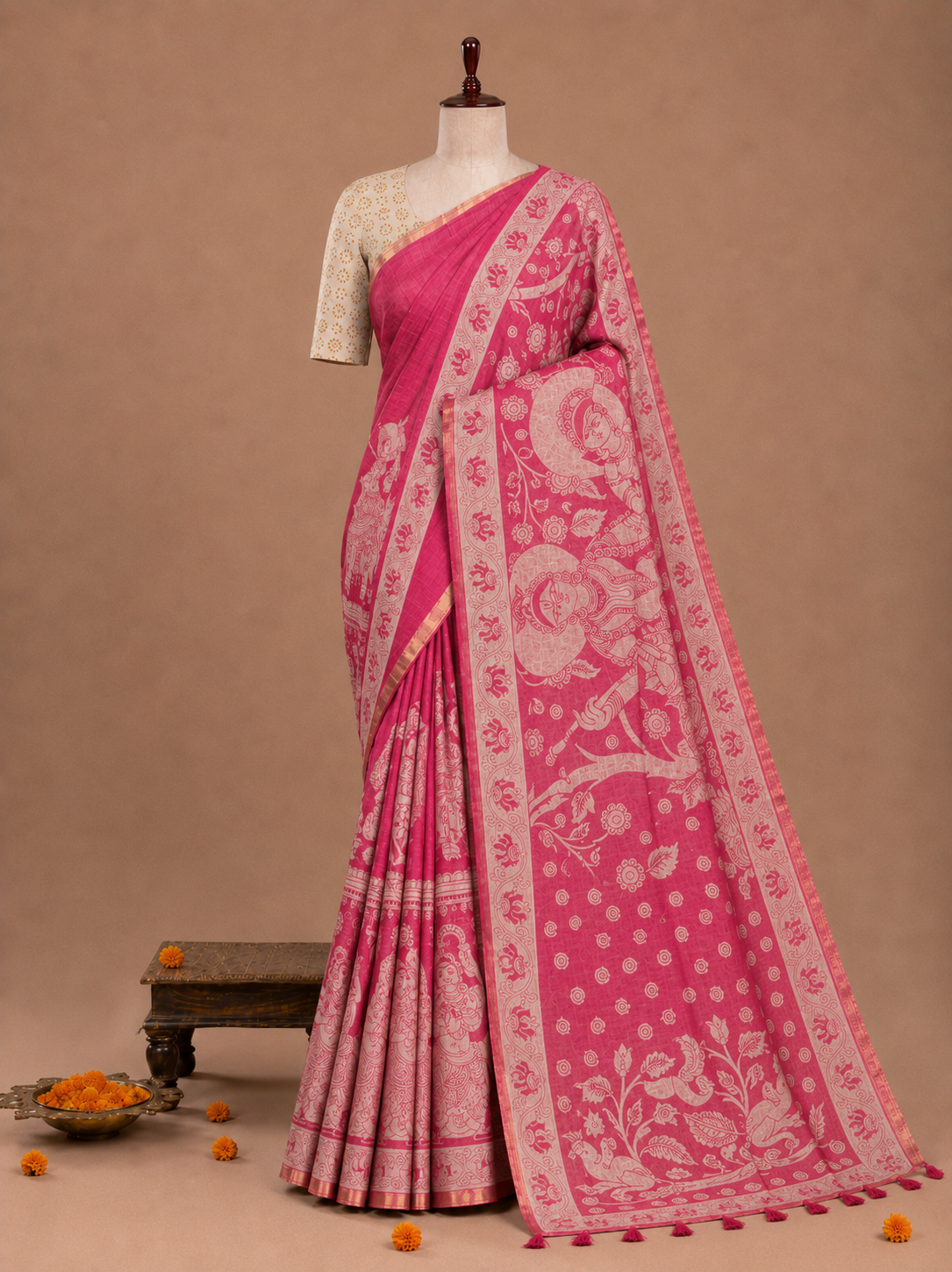Elegant Pink Kalamkari Print Linen Cotton Saree with Mythology