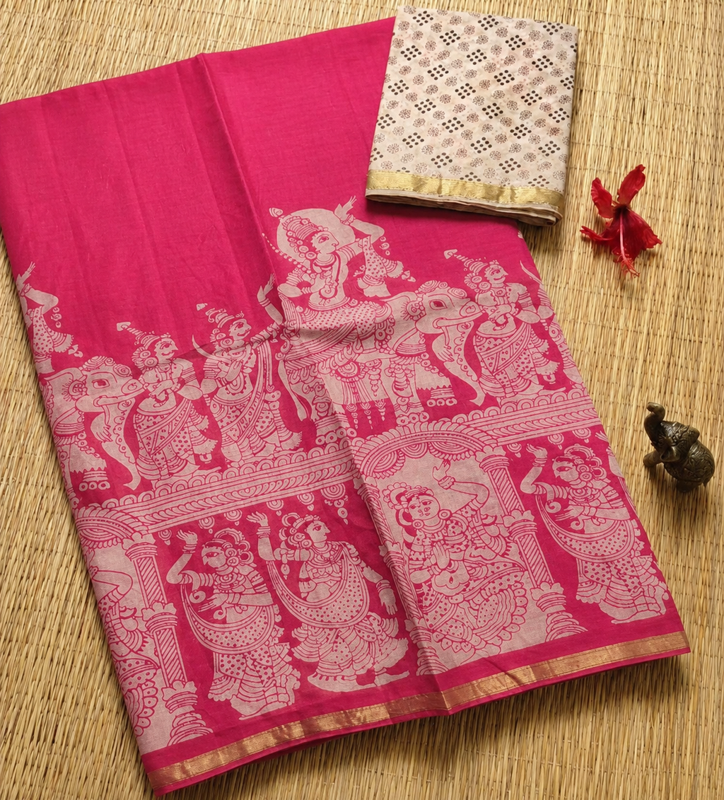 Elegant Pink Kalamkari Print Linen Cotton Saree with Mythology