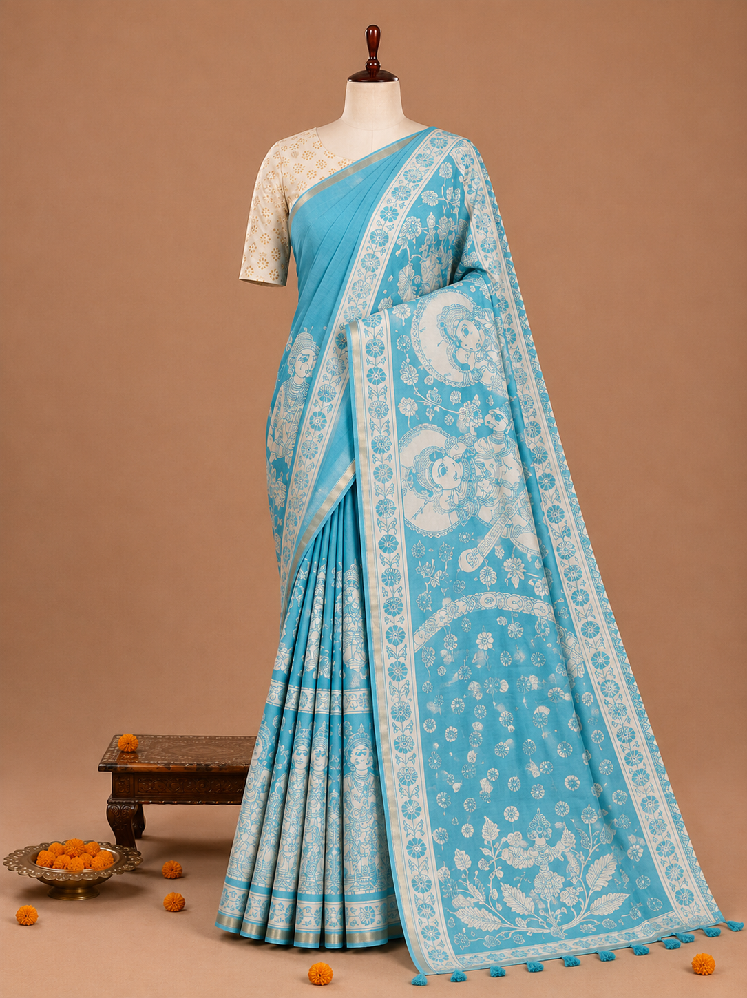 Elegant Sky Blue Kalamkari Print Linen Cotton Saree with Mythology