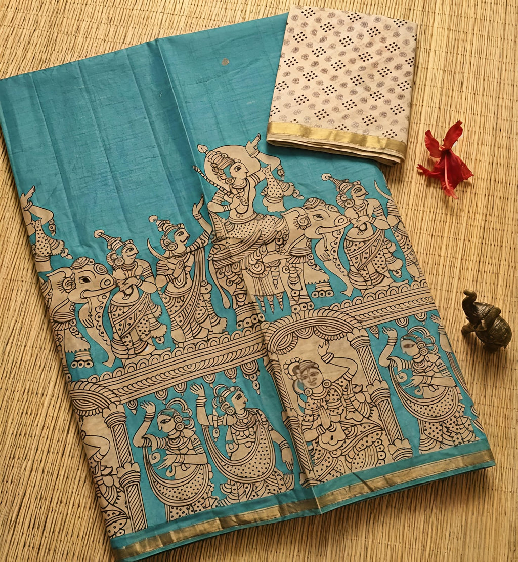 Elegant Sky Blue Kalamkari Print Linen Cotton Saree with Mythology