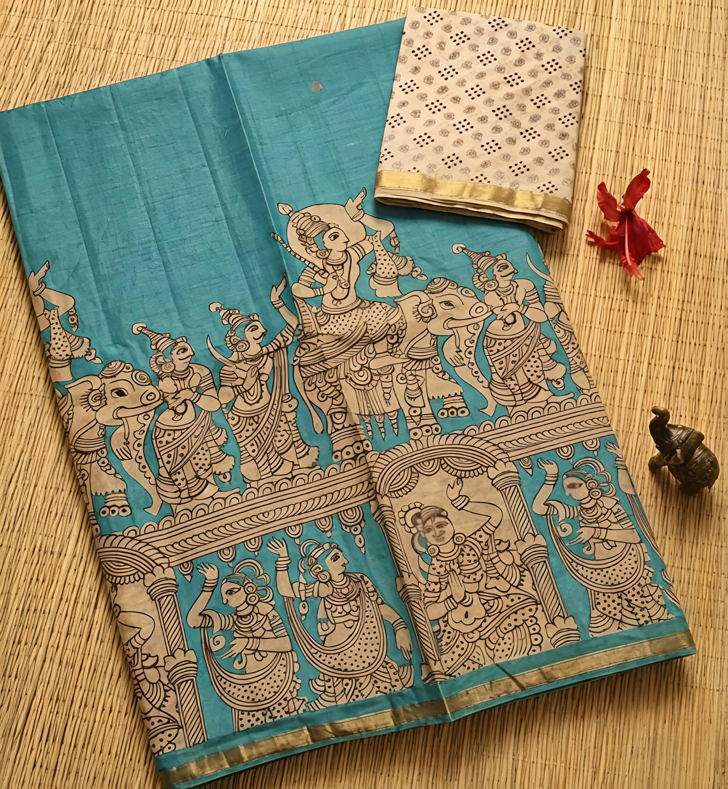 Elegant Sky Blue Kalamkari Print Linen Cotton Saree with Mythology