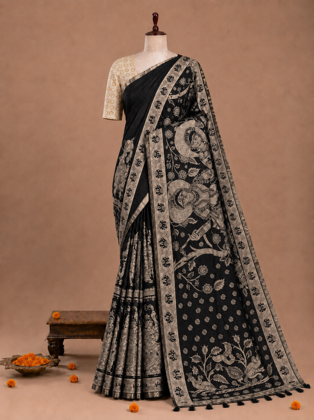 Elegant Black Kalamkari Print Linen Cotton Saree with Mythology
