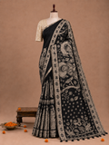 Elegant Black Kalamkari Print Linen Cotton Saree with Mythology