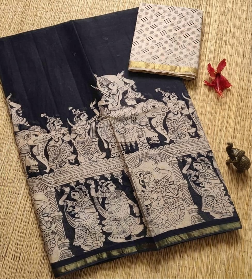 Elegant Black Kalamkari Print Linen Cotton Saree with Mythology