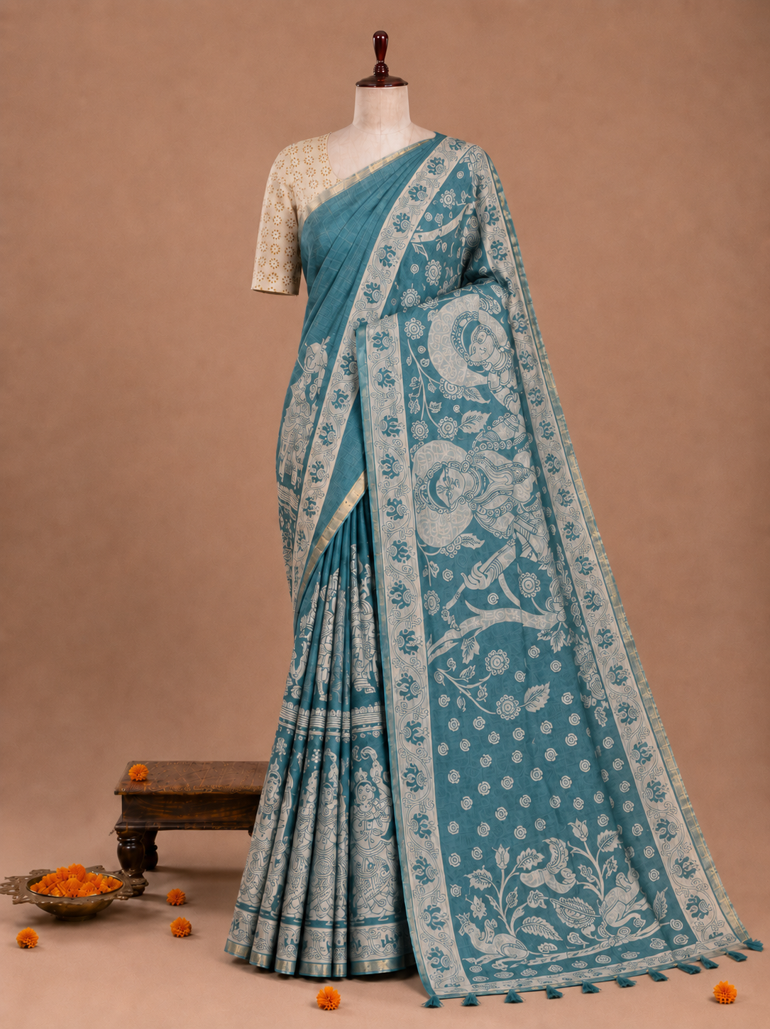 Elegant Teal Kalamkari Print Linen Cotton Saree with Mythology