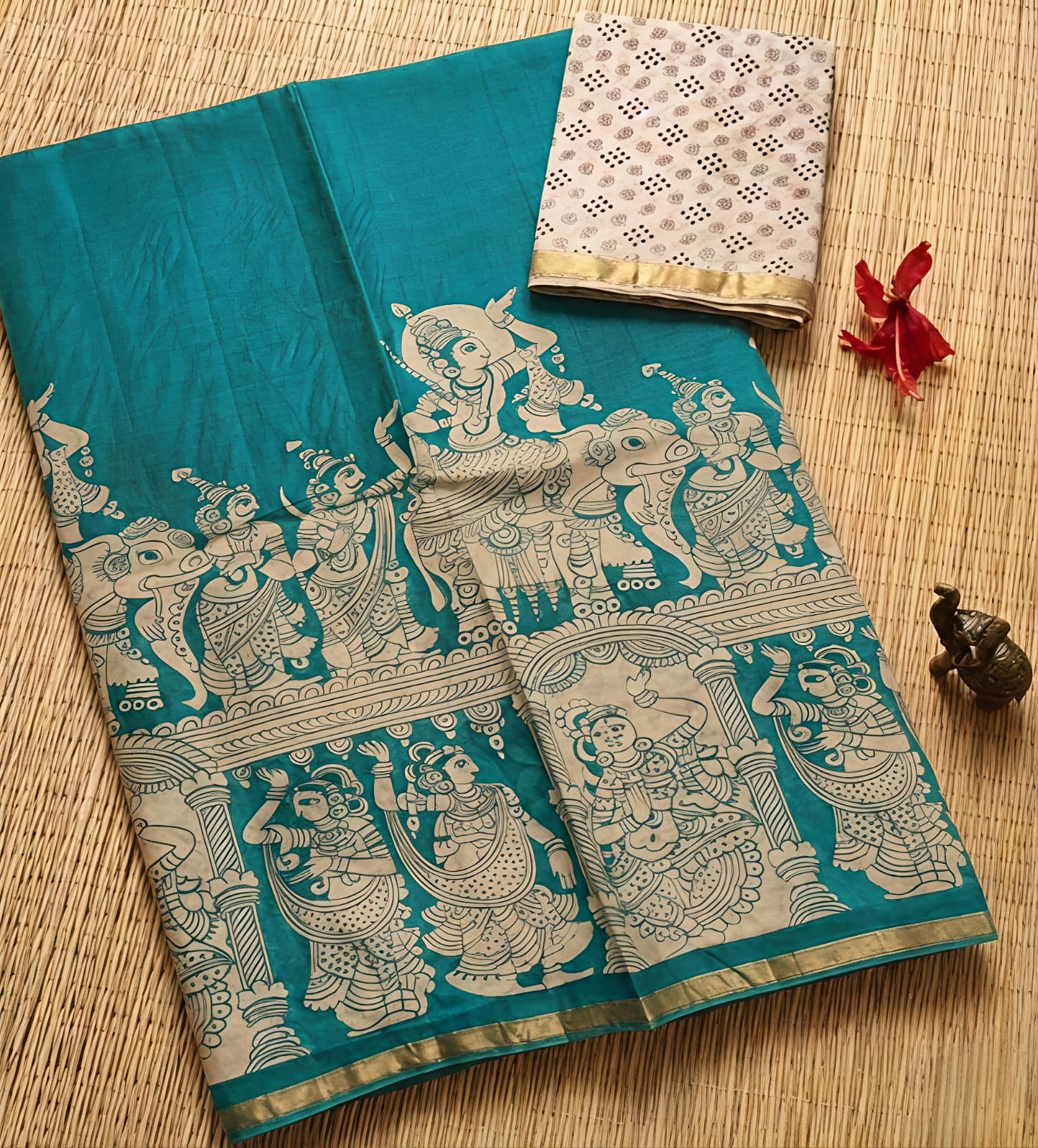 Elegant Teal Kalamkari Print Linen Cotton Saree with Mythology