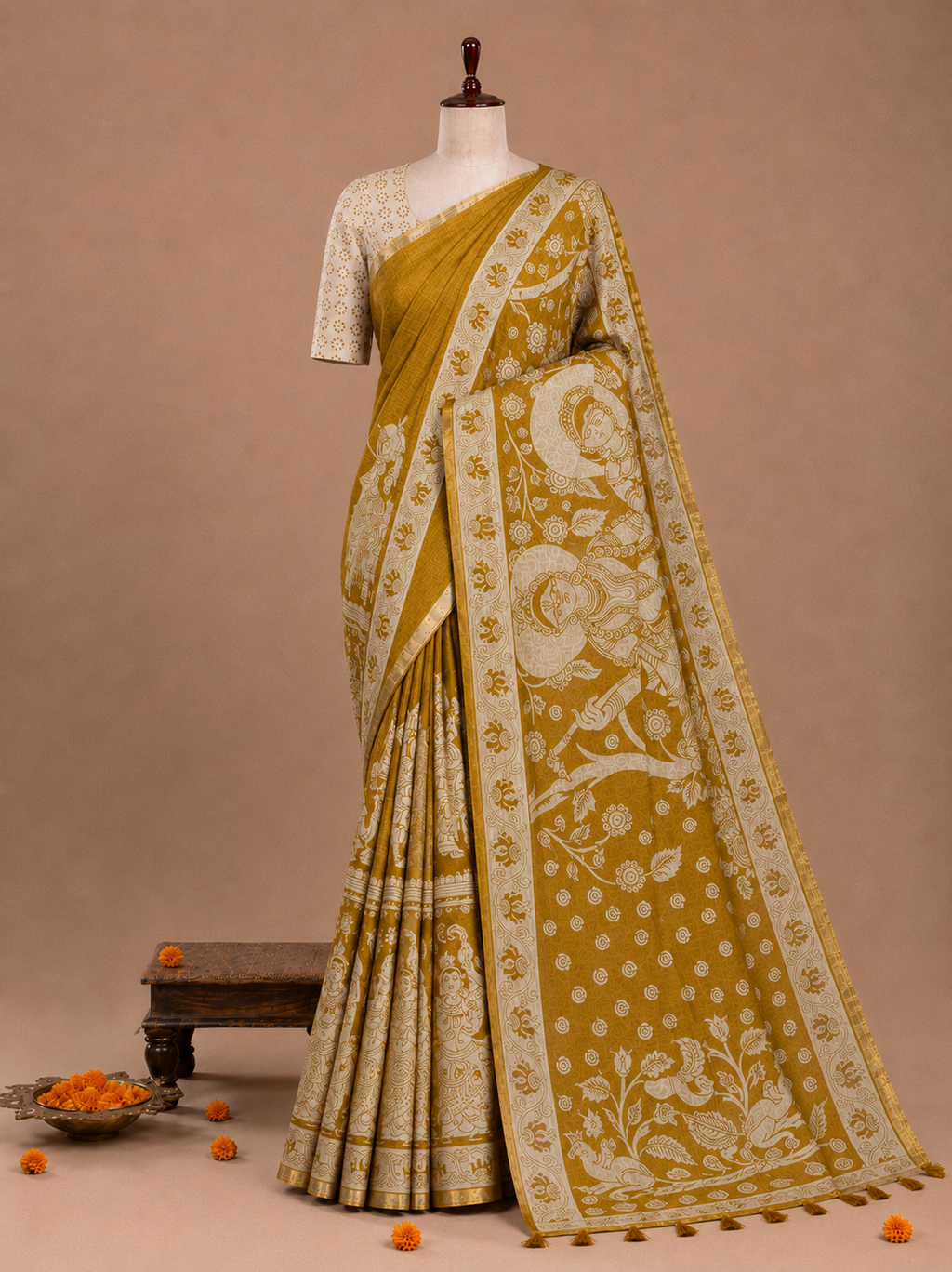 Elegant Mustard Yellow Kalamkari Print Linen Cotton Saree with Mythology
