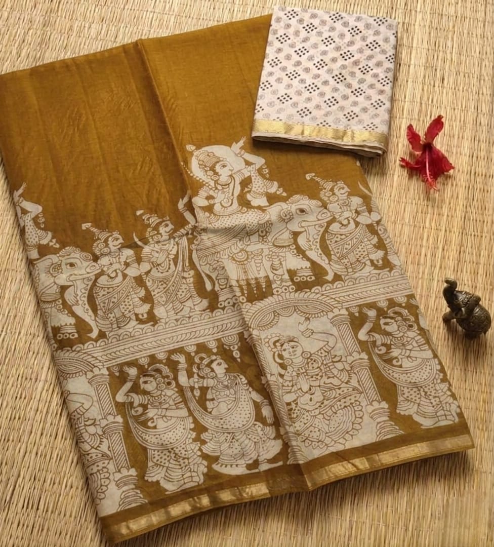 Elegant Mustard Yellow Kalamkari Print Linen Cotton Saree with Mythology