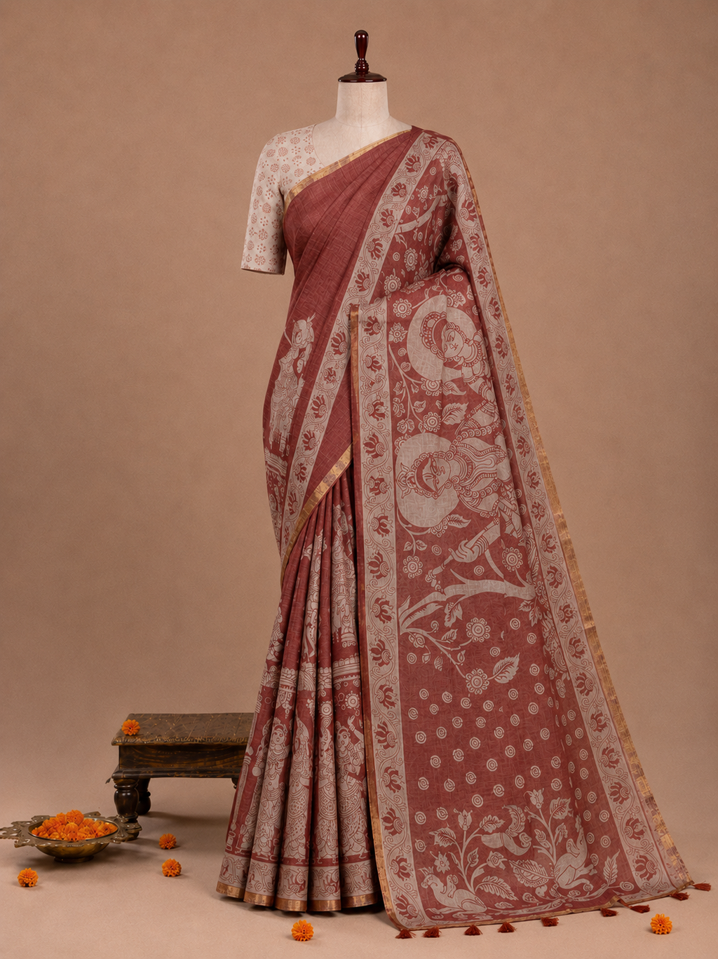 Elegant Brown Kalamkari Print Linen Cotton Saree with Mythology