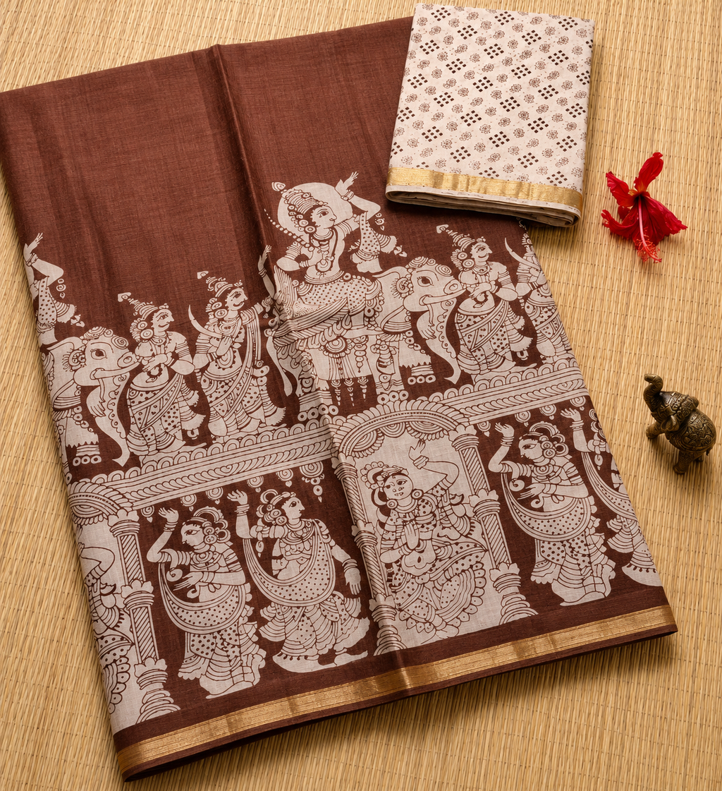 Elegant Brown Kalamkari Print Linen Cotton Saree with Mythology