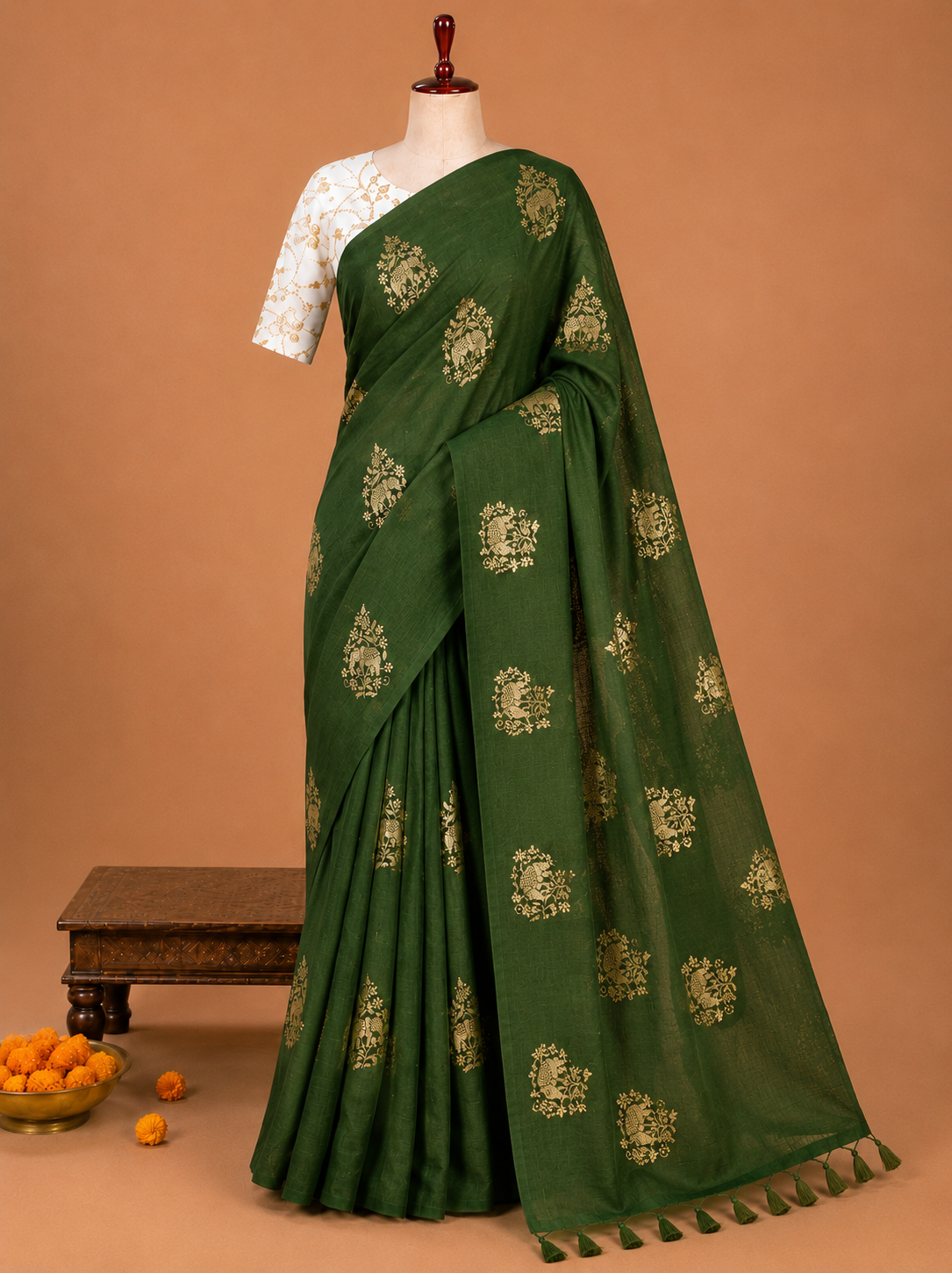 Premium Earthy Green Fancy Georgette Silkworm Saree