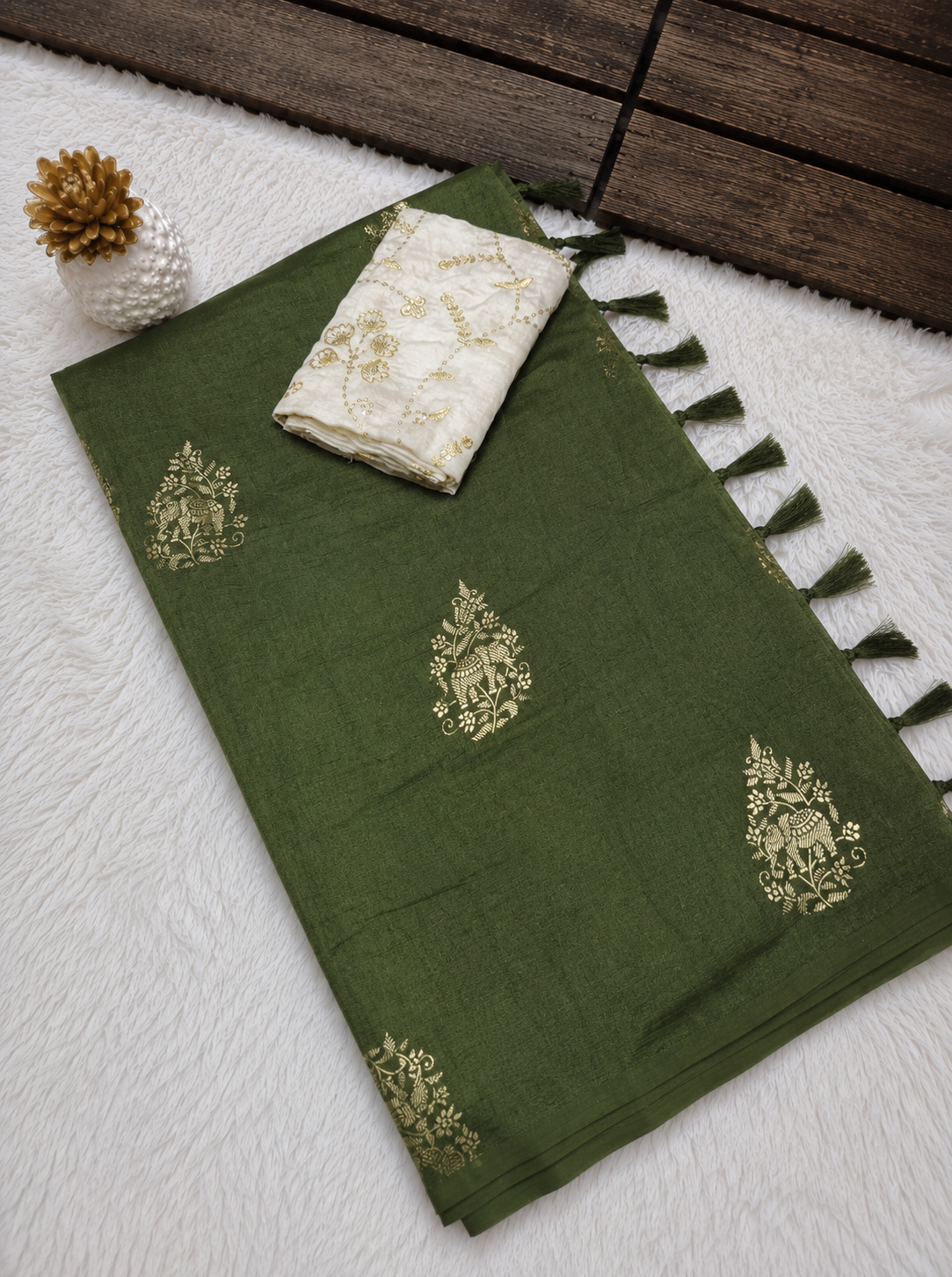 Premium Earthy Green Fancy Georgette Silkworm Saree