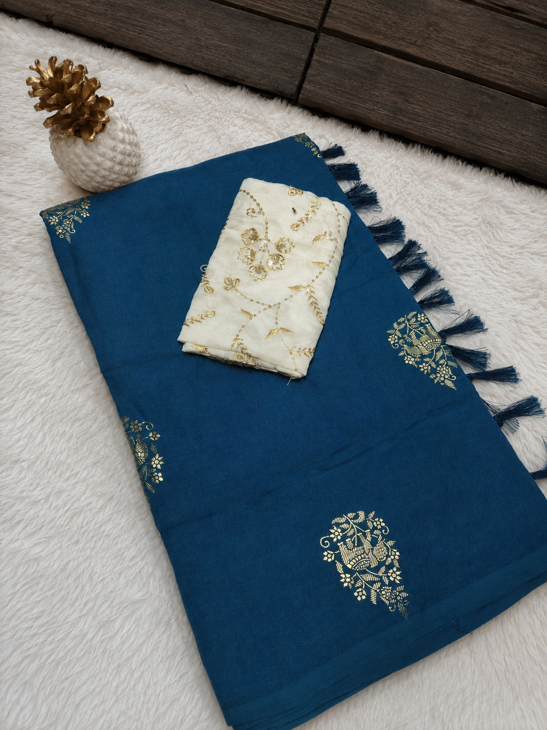 Premium Teal Fancy Georgette Silkworm Saree