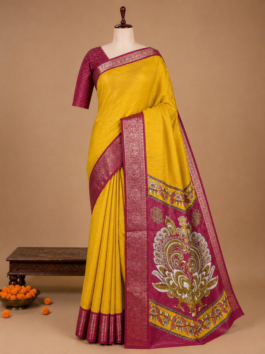 Elegant Mustard Yellow Vertical Lines Fancy Semi Mysore Silk Saree