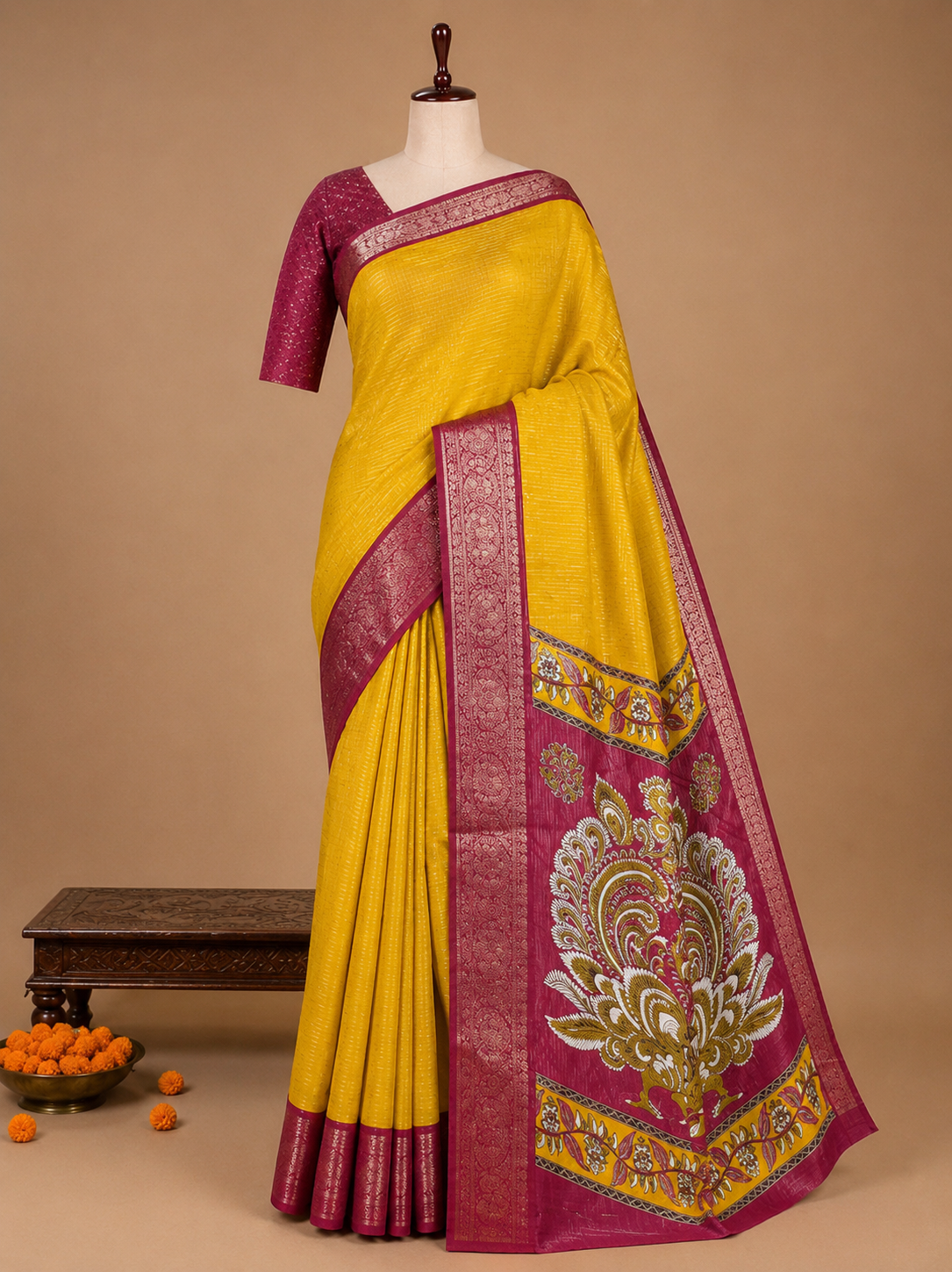Elegant Mustard Yellow Vertical Lines Fancy Semi Mysore Silk Saree