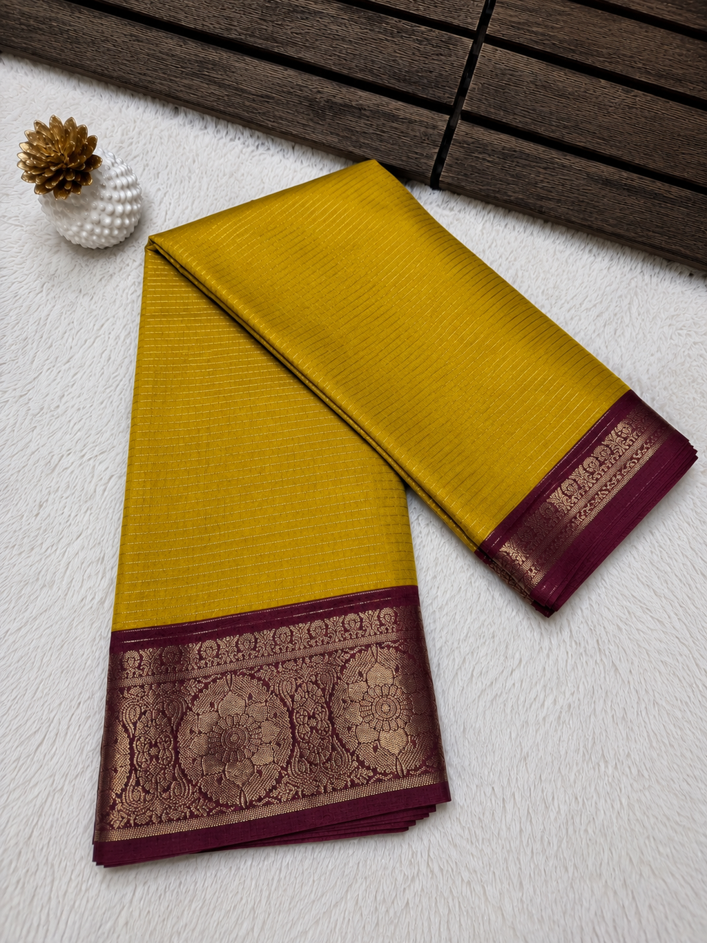 Elegant Mustard Yellow Vertical Lines Fancy Semi Mysore Silk Saree