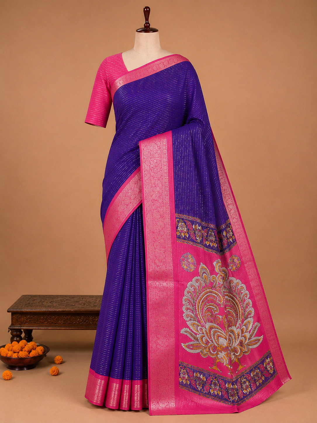Elegant Royal Purple Vertical Lines Fancy Semi Mysore Silk Saree