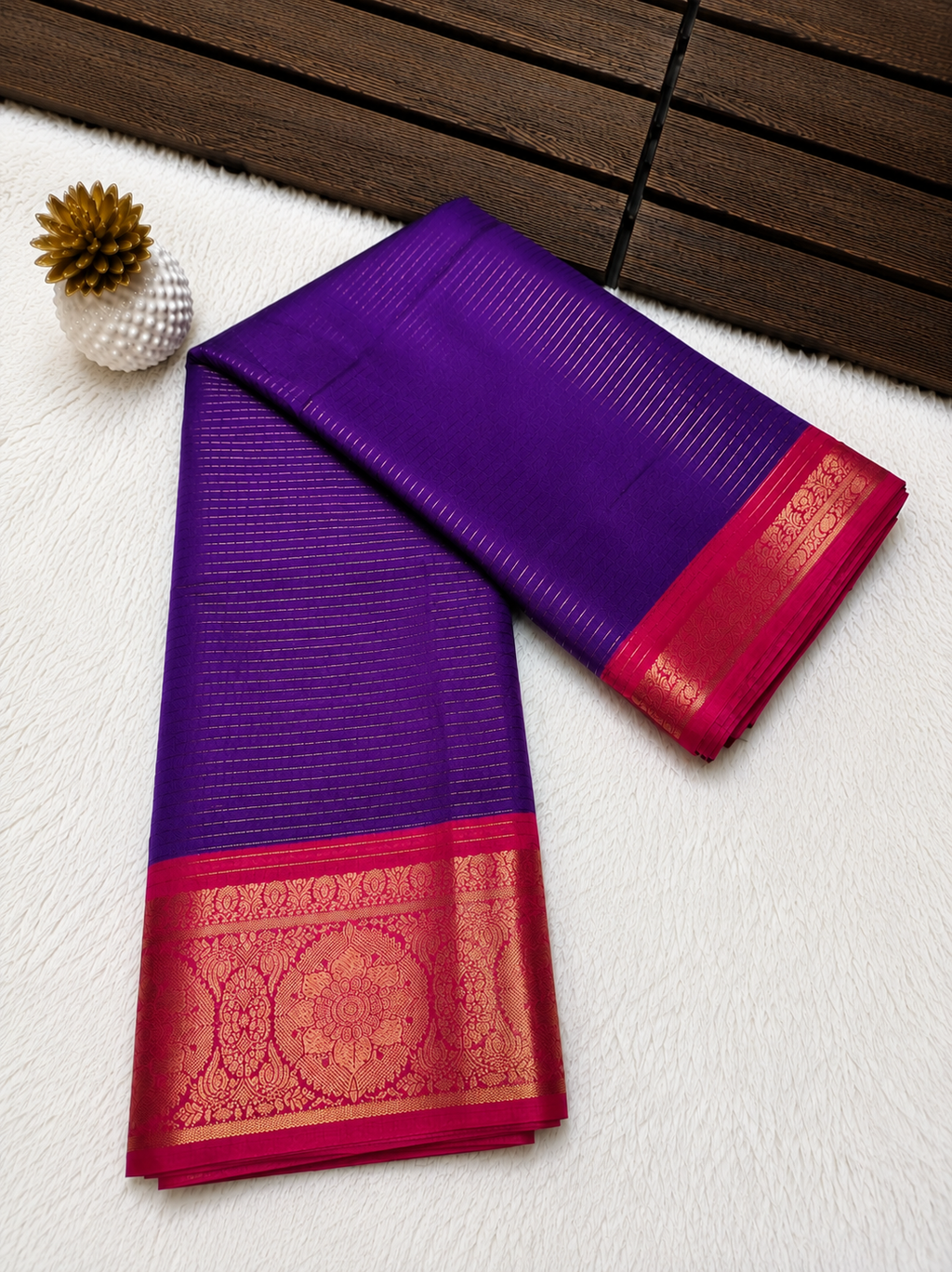 Elegant Royal Purple Vertical Lines Fancy Semi Mysore Silk Saree