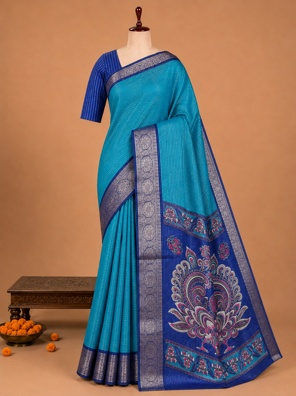 Elegant Sky Blue Vertical Lines Fancy Semi Mysore Silk Saree