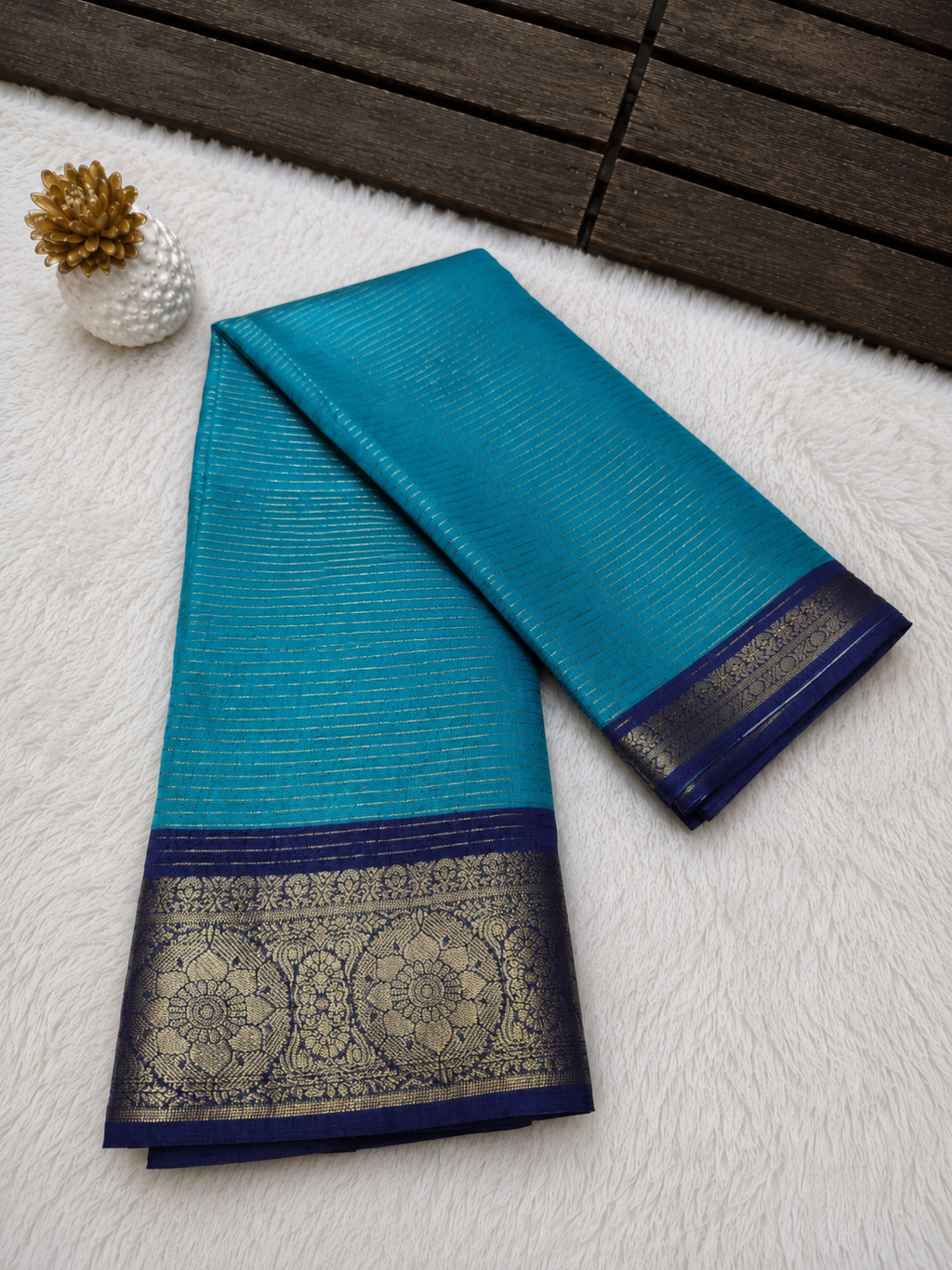 Elegant Sky Blue Vertical Lines Fancy Semi Mysore Silk Saree
