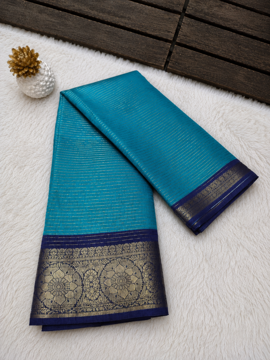 Elegant Sky Blue Vertical Lines Fancy Semi Mysore Silk Saree