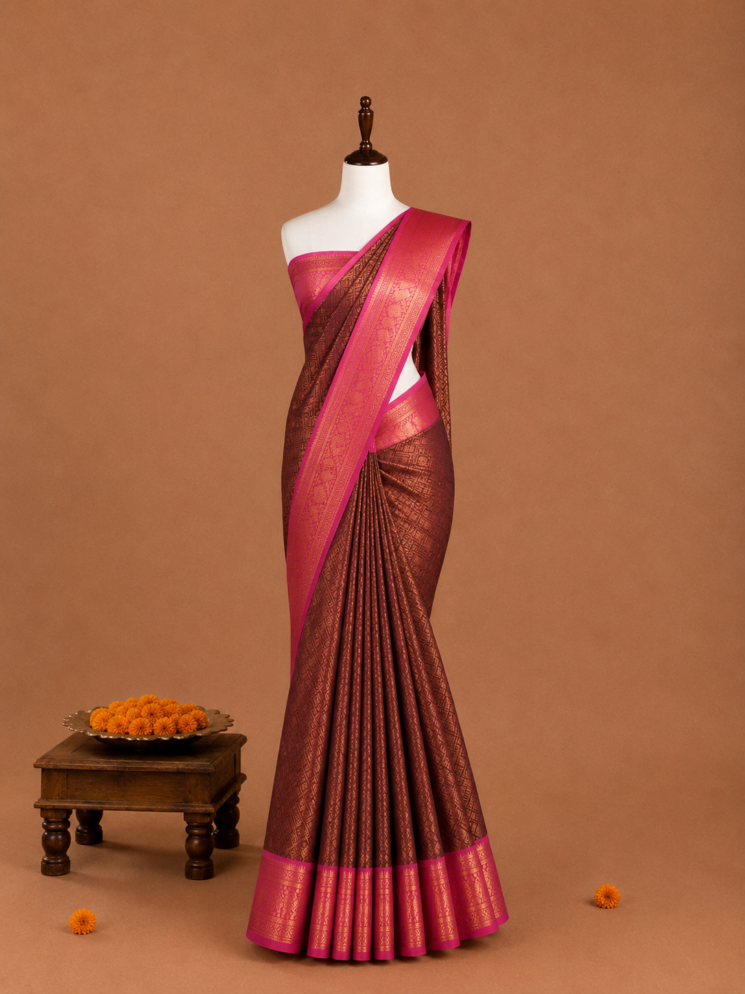 Premium Dark Brown Semi Tissue Silk Saree