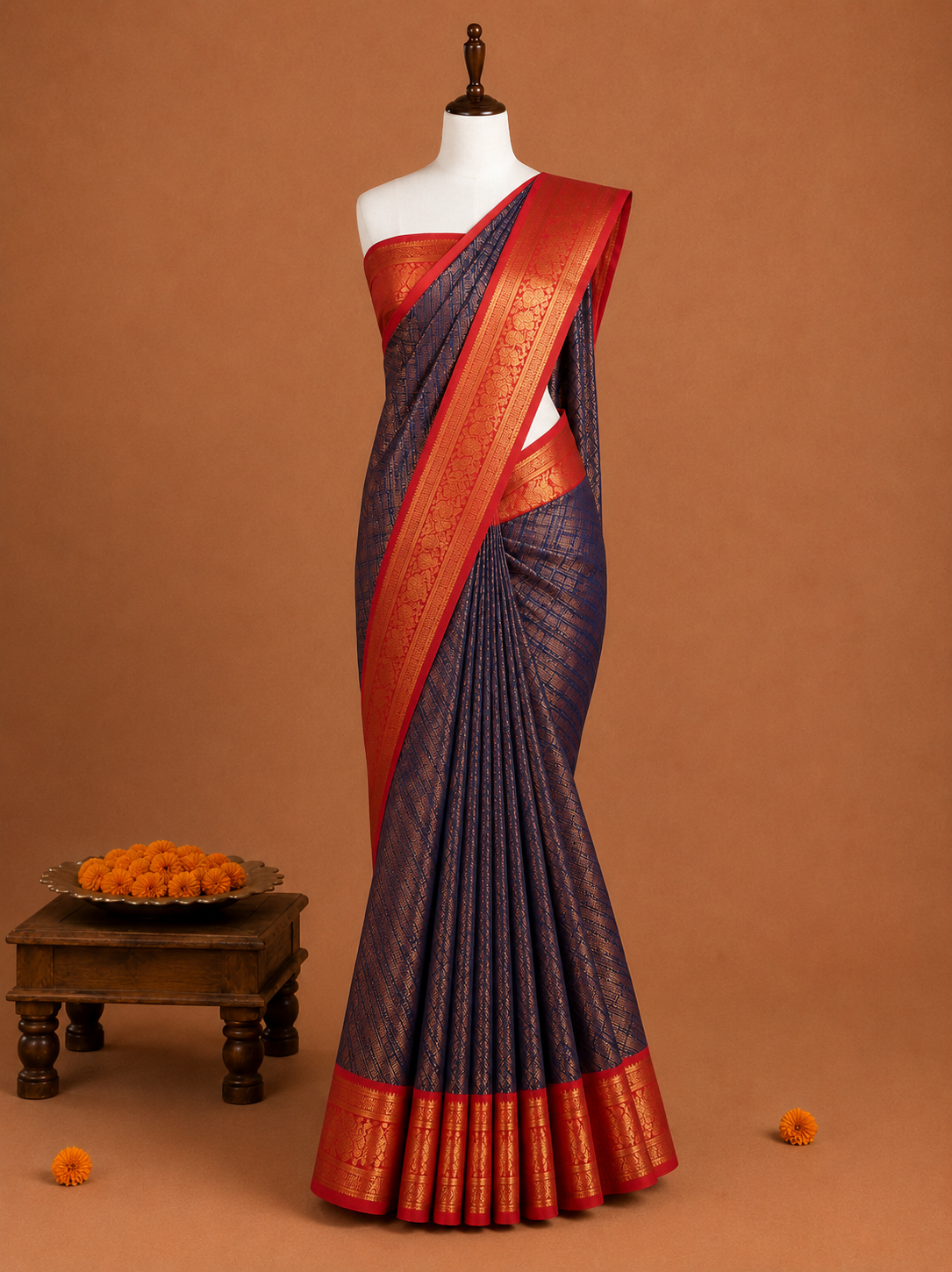 Premium Navy Blue Semi Tissue Silk Saree