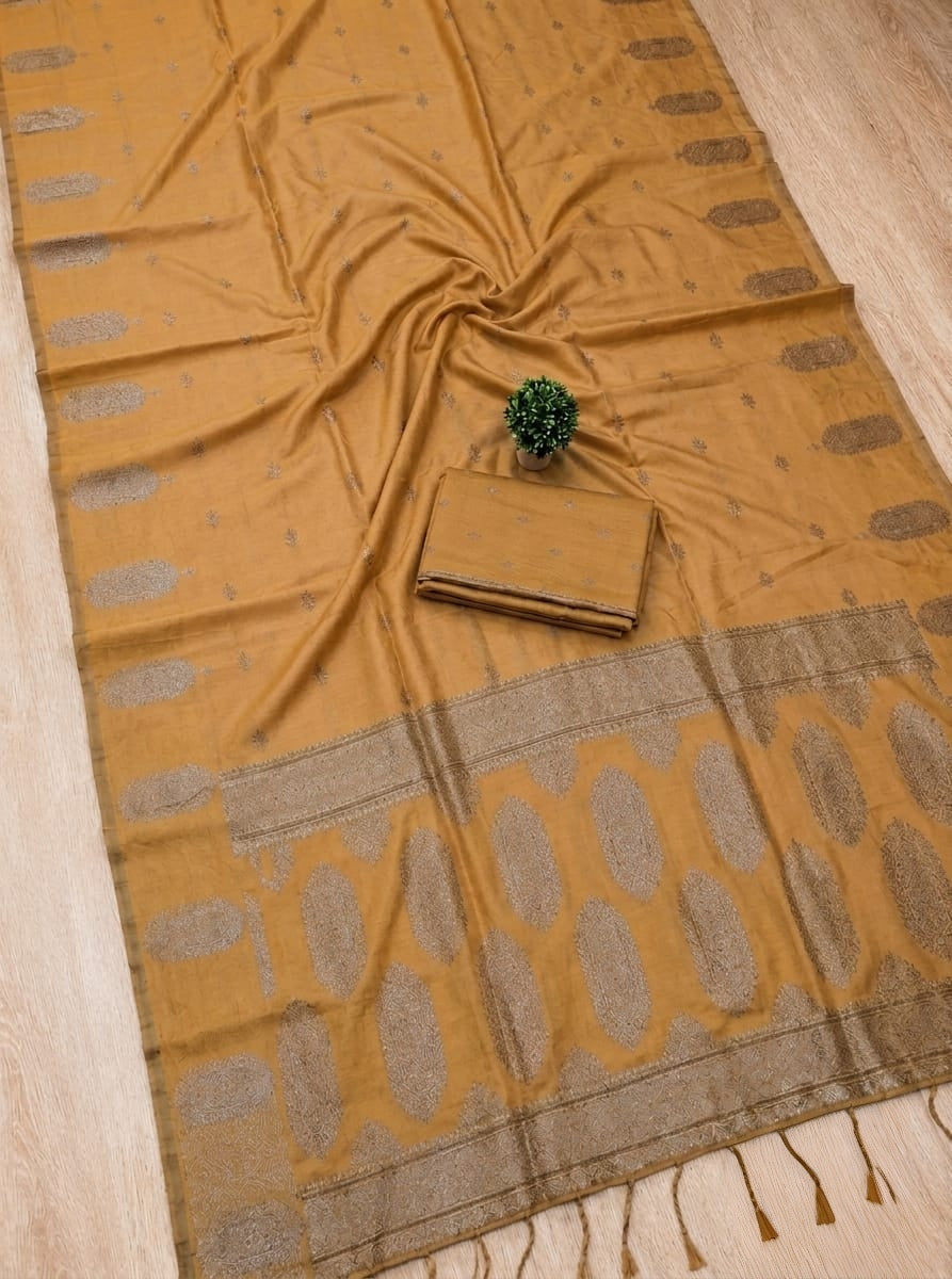Premium Mustard Yellow Fancy Soft Silk Saree with Self Zari Paisley Border