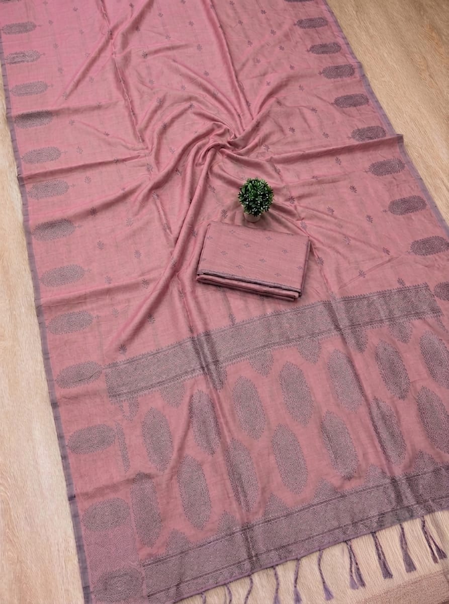 Premium Dusty Pink Fancy Soft Silk Saree with Self Zari Paisley Border